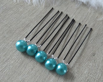 5 épingles à chignon perle nacrée bleu turquoise Accessoires coiffure mariée mariage