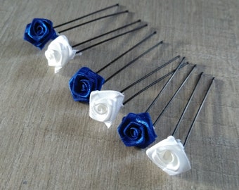 6 forcine per panini, fiore blu royal, fiore bianco, mini rosa, blu royal bianco, accessori per acconciatura da sposa