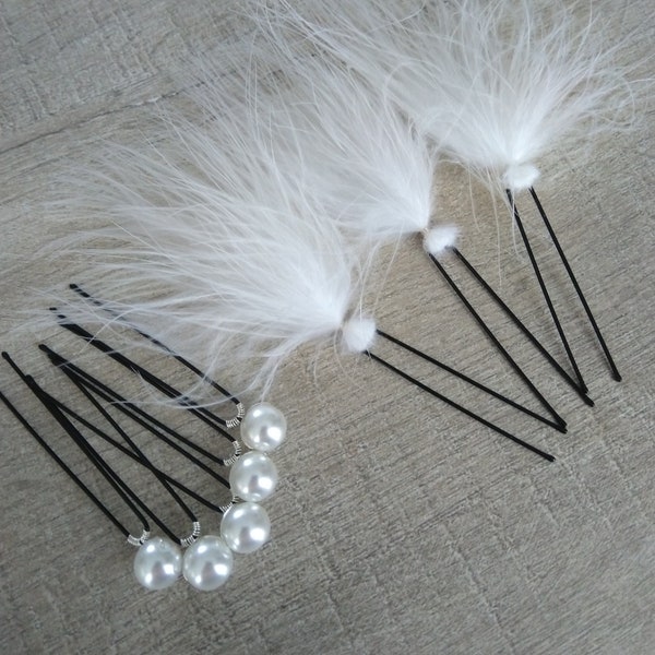 8 épingles cheveux plume blanche perle nacrée blanche Accessoires coiffure Chignon mariée mariage bohème