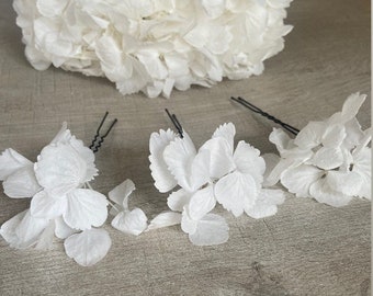 3 épingles cheveux Hortensia blanc Accessoires coiffure Chignon mariée mariage fleurs séchées