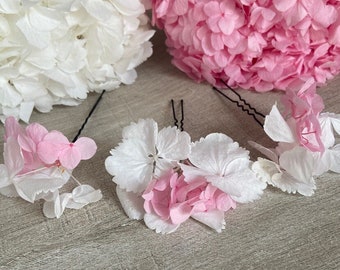 3 épingles cheveux Hortensia rose et blanc Accessoires coiffure Chignon mariée mariage fleurs séchées