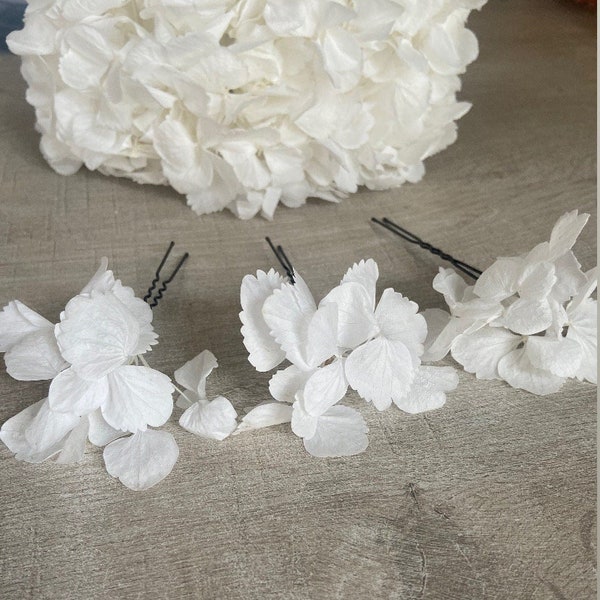 3 épingles cheveux Hortensia blanc Accessoires coiffure Chignon mariée mariage fleurs séchées