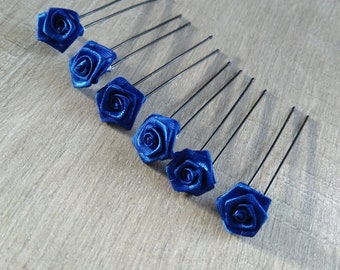 6 épingles chignon fleur bleu roi mini rose bleu roi Accessoires coiffure mariée mariage