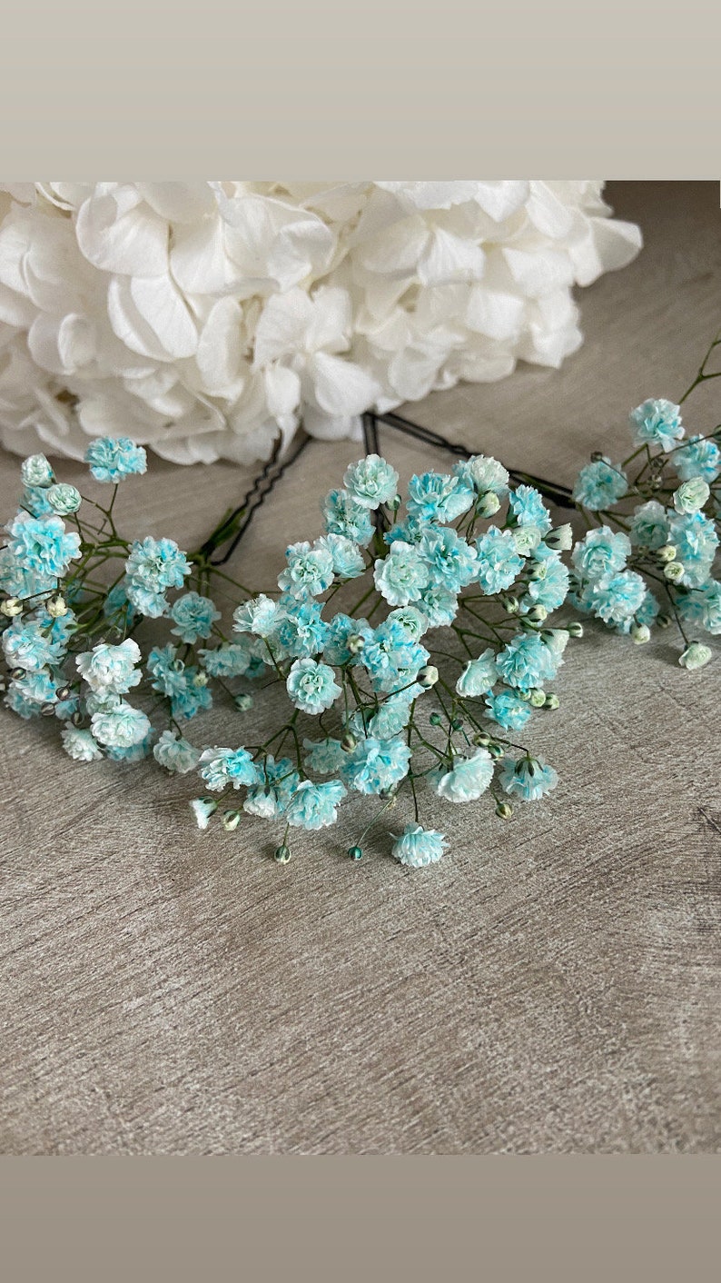 3 gypsophila hair pins Hair accessories Bridal bun wedding dried flowers Bleu clair