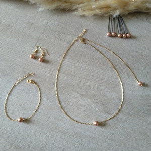Rose Gold set bracelet earrings back necklace bun pins fine golden chain pearly beads wedding jewelry bridal jewelry image 1