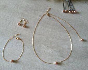 Parure Rose Gold bracelet boucles d'oreilles collier de dos épingles chignon chaîne fine dorée perles nacrées bijoux mariage bijoux mariée