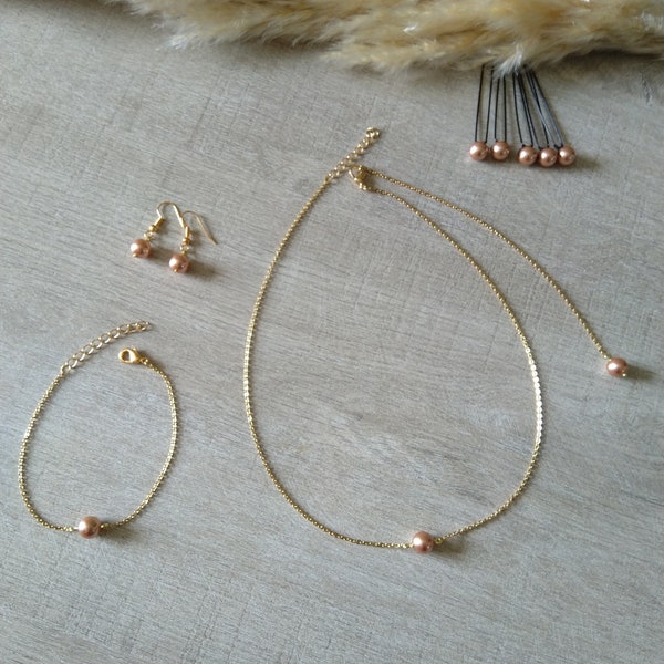 Parure Rose Gold bracelet boucles d'oreilles collier de dos épingles chignon chaîne fine dorée perles nacrées bijoux mariage bijoux mariée