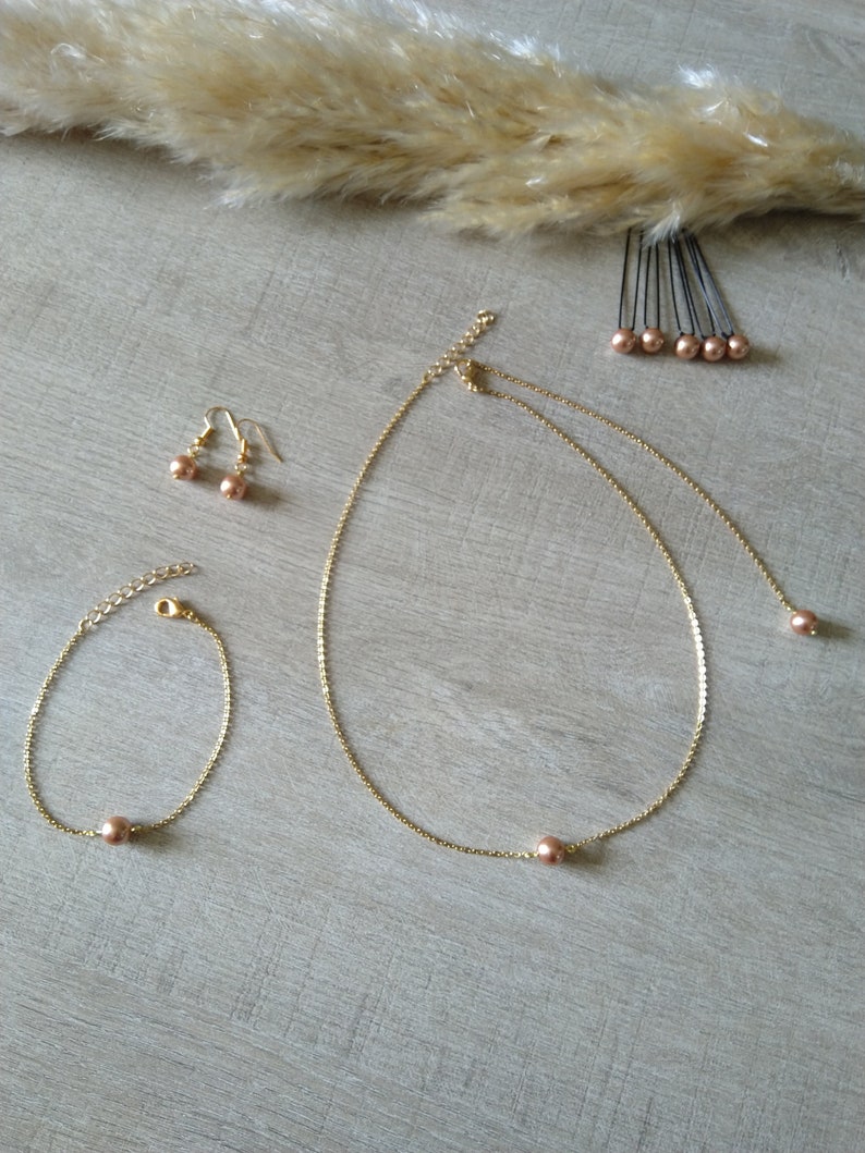 Rose Gold set bracelet earrings back necklace bun pins fine golden chain pearly beads wedding jewelry bridal jewelry image 1