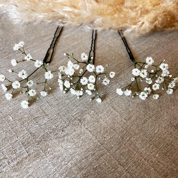 3 alfileres de pelo de gypsophila Accesorios para el cabello Bollo nupcial boda flores secas