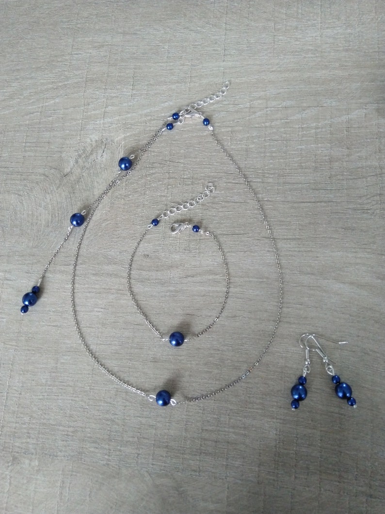 Parure bleu marine mariée bracelet boucles d'oreilles collier bijou pendentif dos nu chaîne fine bijoux mariage bijoux mariée image 2