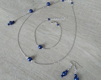 Parure bleu marine mariée bracelet boucles d'oreilles collier bijou pendentif dos nu chaîne fine bijoux mariage bijoux mariée