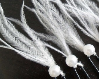 3 palitos de moño Finas plumas de avestruz blancas Perla nacarada blanca Accesorios para el cabello de boda nupcial