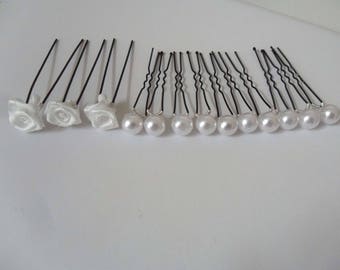 13 bun sticks white flower white pearly pearl Bridal hair accessories