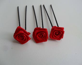 3 red flower hair pins mini red rose Wedding hair accessories wedding bun wedding hairstyle bridal bun wedding