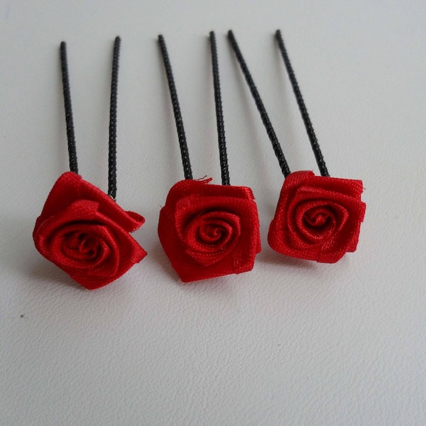 3 épingles cheveux fleur rouge mini rose rouge Accessoires coiffure mariage chignon mariee coiffure mariée chignon mariage