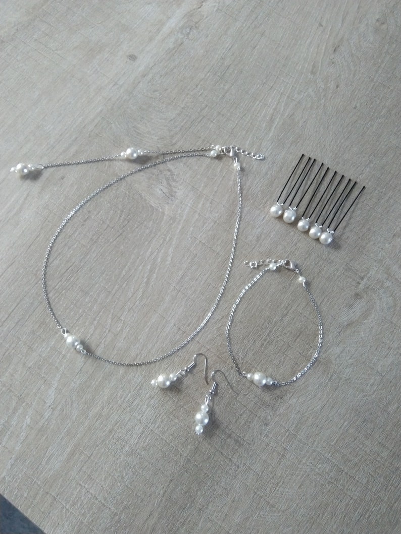 Bridal set bracelet earrings bun pin back necklace fine chain pearly pearls wedding jewelry bridal jewelry image 1