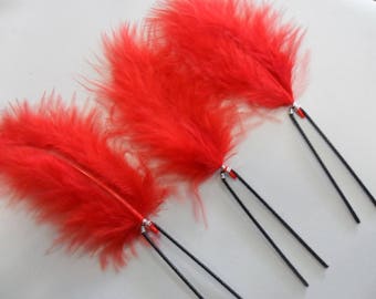 3 red feather pins Wedding hair accessories bun bride bun pins