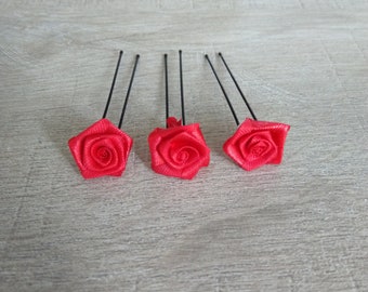 3 épingles chignon fleur rouge mini rose rouge Accessoires coiffure mariée mariage chignon mariee