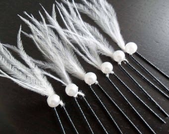 6 chignon con piume bianche, perle di struzzo, acconciatura da sposa, chignon da sposa