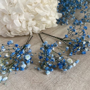 3 gypsophila hair pins Hair accessories Bridal bun wedding dried flowers Bleu foncé