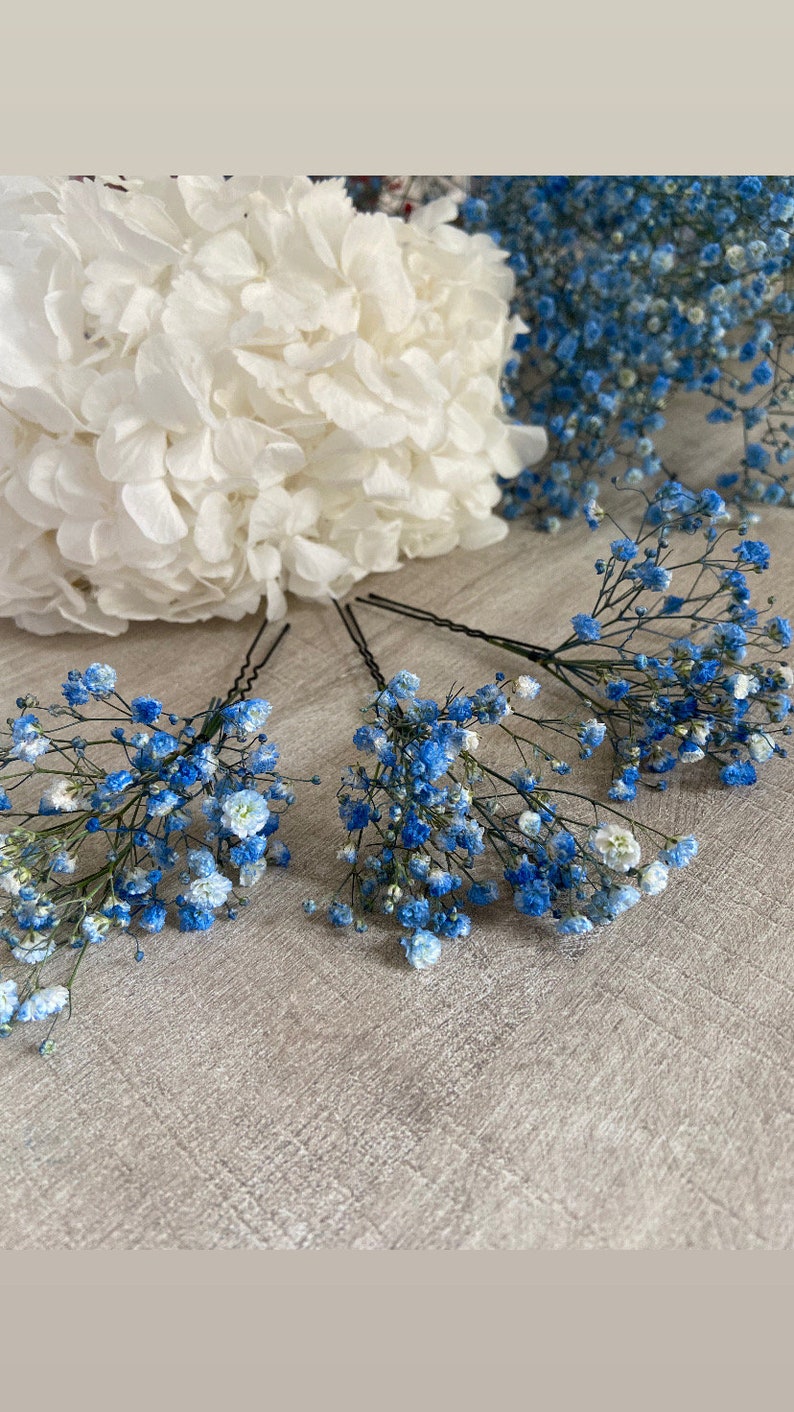 3 gypsophila hair pins Hair accessories Bridal bun wedding dried flowers Bleu foncé