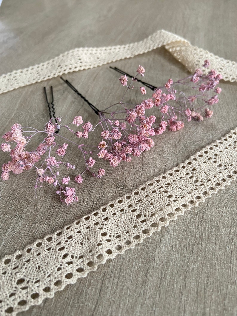 3 pink gypsophila hair pins Hair accessories Bridal bun wedding dried flowers boho wedding image 1