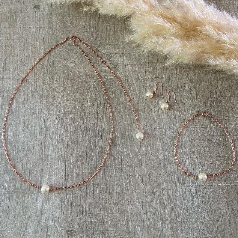 Rose Gold set Ivoor parelmoer parels oorbellen terug ketting armband bruiloft sieraden bruids sieraden afbeelding 1