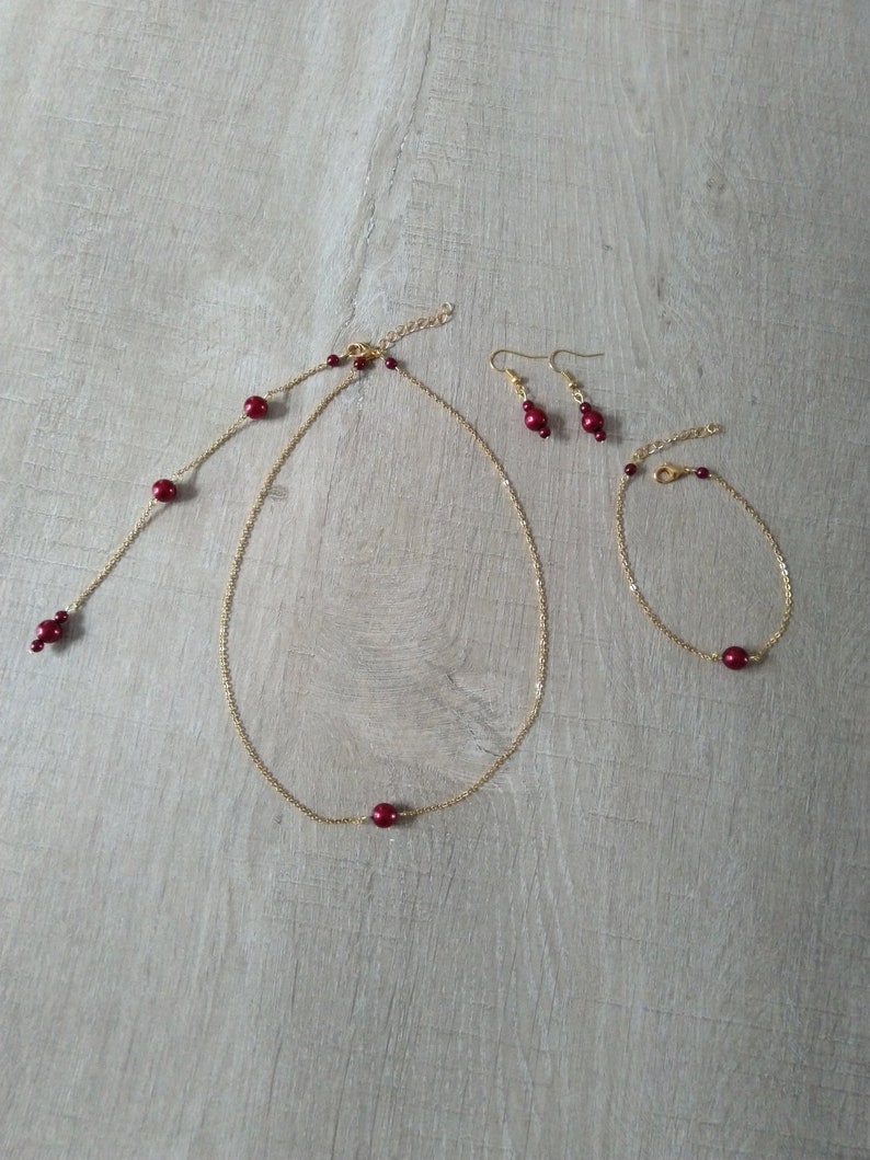 Bridal set bracelet earrings necklace pendant backless fine golden chain burgundy pearls wedding jewelry bridal jewelry image 1
