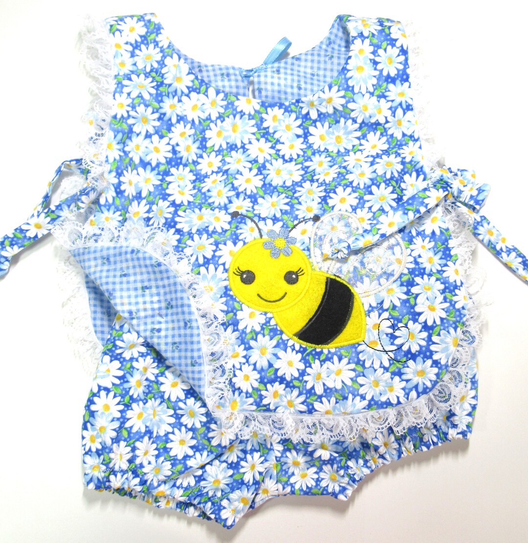 Baby Girl Sunsuit With Blue Background With White Dasies and Etsy