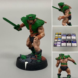 Miniatura y cartas de juego Tri-Klops pintadas para el juego Masters of the Universe Battleground, de Archon Studio.