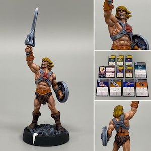 Miniatura de He-Man pintada y tarjetas de juego para el juego Masters of the Universe Battleground, de Archon Studio.