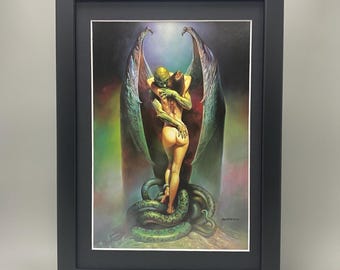 Vampire&#39;s Kiss Boris Vallejo, ingelijste vintage erotische fantasykunst. Luchtspiegeling.