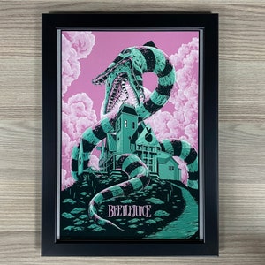 Beetlejuice Framed Art. Tim Burton,Pulp, Sci-Fi, Horror, Fantasy, Mondo, Betelgeuse, Lydia Deetz, The Maitlands Sandworms, 1988