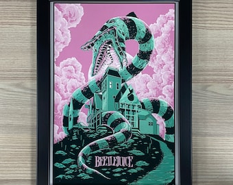 Beetlejuice Framed Art. Tim Burton,Pulp, Sci-Fi, Horror, Fantasy, Mondo, Betelgeuse, Lydia Deetz, The Maitlands Sandworms, 1988