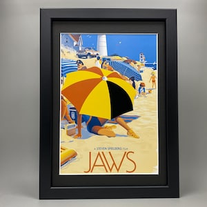 Jaws Framed Movie Art. 1975 Thriller Film Directed By Steven Spielberg, Starring Roy Scheider, Richard Dreyfuss & Robert Shaw. Mondo.