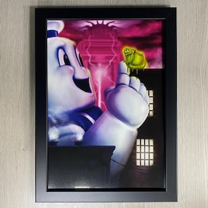 Ghostbusters Framed Movie Art. 1984 American Supernatural Comedy Film, Stay-Puft Marshmallow Man, Slimer.