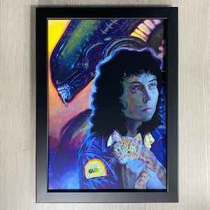 Framed Alien, Ripley And Jonesy Movie Art. 1979 Science Fiction Horror Film, Starring Sigourney Weaver, Directed By Ridley Scot.