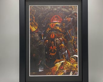 ホルスとサンギニウスの額入りアート。ファイナルバトル、レルム・オブ・カオス、スペースマリーンズ、ホルスの反乱、ゲームズワークショップ、ウォーハンマー40K、エイドリアン・スミス