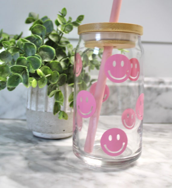 Preppy Beer Can Glasses 16oz Smiling Face Glass Cups with Lids Straws