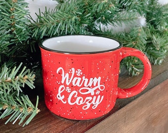 Warm and Cozy Campfire Mug, Speckled Mug, Christmas Campfire Mug, Christmas Mug, Christmas Present, Winter Mug, Fall Mug