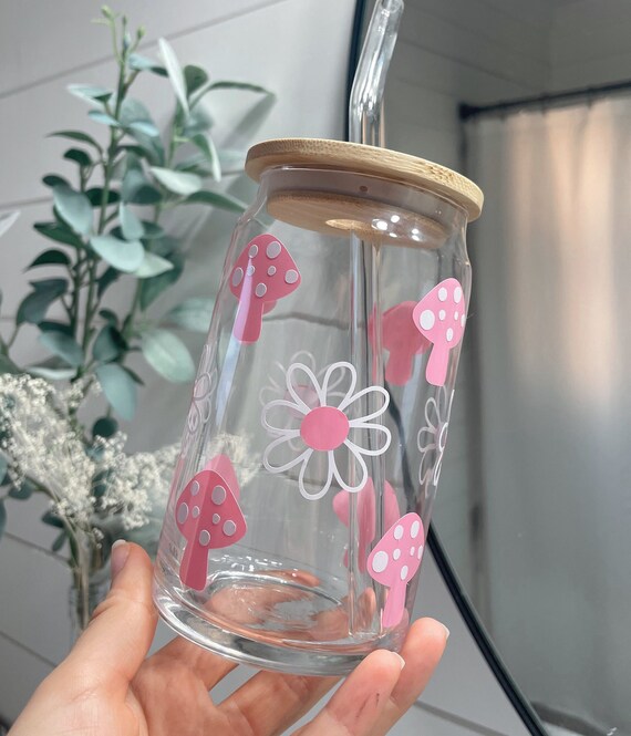 Mushroom Glass Cup, Cottage Aesthetic Cup, Mushroom Glass, Mushroom Coffee  Cup, Daisy Glass Cup, Spring Libbey Cans, Spring Coffee Cup 