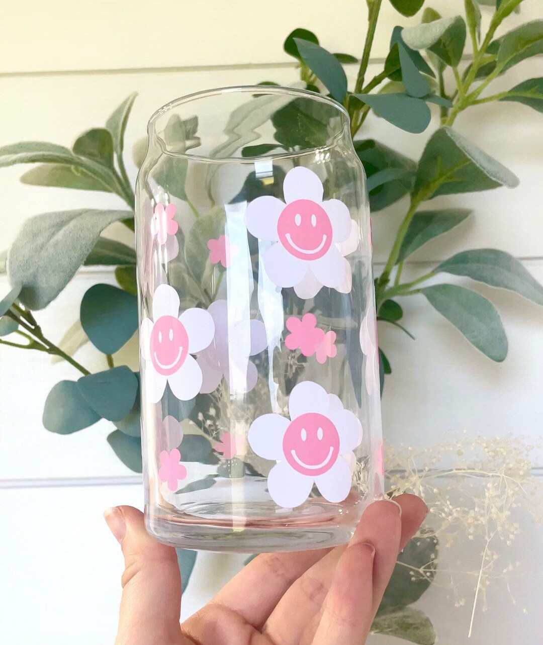 Smiley Face Glass Cup, Smiley Face and Flower Cup, Smiley Face Flower