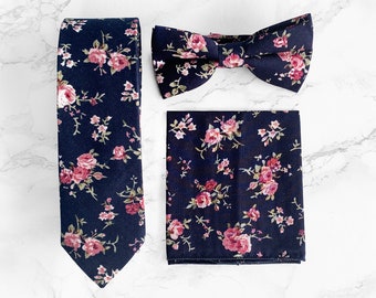 MIKE /& ELOISE: Wedding Tie Floral Pocket Square Knitted Tie Mens Tie Knitted Necktie Ties for Men Pocket Square Grooms Tie Navy Tie