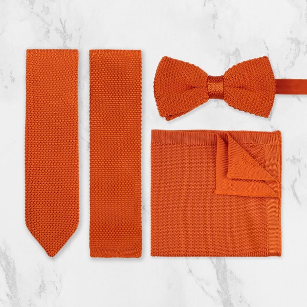 Handmade 100% Soft Polyester Burnt Orange Knitted Tie Bow Tie Pocket Square Set. Woven Tie. Wedding Tie BowTie. Groom & Groomsmen Accessory