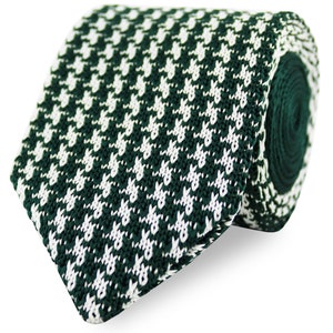 Dark Green Knitted Tie With Houndstooth Design. Handmade Soft Polyester Tie. Woven Tie. Wedding Tie. Groom & Groomsmen Neck Ties