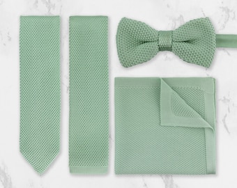 Sage Green Knitted Tie. Green Handmade Soft Polyester BowTie Pocket Square Set. Woven Tie. Wedding Tie BowTie. Groom & Groomsmen