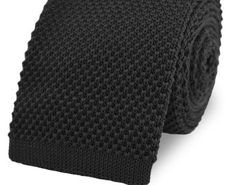 Corbata de punto negra para hombre con extremo cuadrado / 100 % poliéster suave / Hermosas corbatas de boda para novios y padrinos de boda