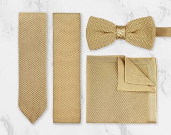 Beige Cream Brown Knitted Tie. Handmade 100% Soft Polyester Bow Tie Pocket Square Set. Woven Tie. Wedding BowTie. Groom & Groomsmen