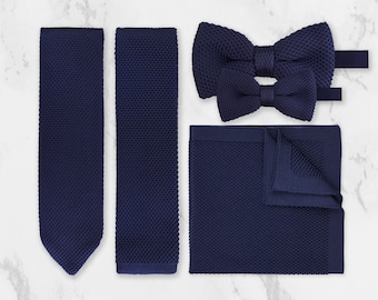 Navy Knitted Tie. Blue Handmade 100% Soft Polyester Bow Tie Pocket Square Set. Woven Tie. Wedding Tie BowTie. Groom & Groomsmen Accessories