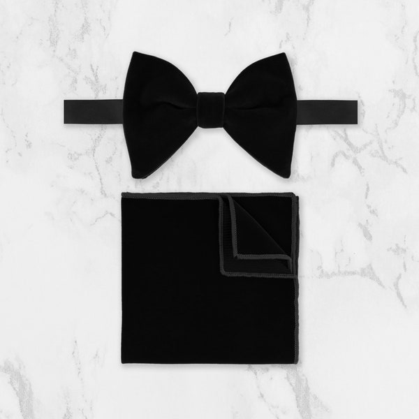 Black Velvet Oversized Bow Tie & Pocket Square Set | Tuxedo or Prom Bowtie Necktie | Eventwear | Gents Bow Tie